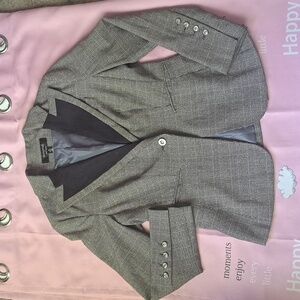 Gray Plaid Blazer with Button Details